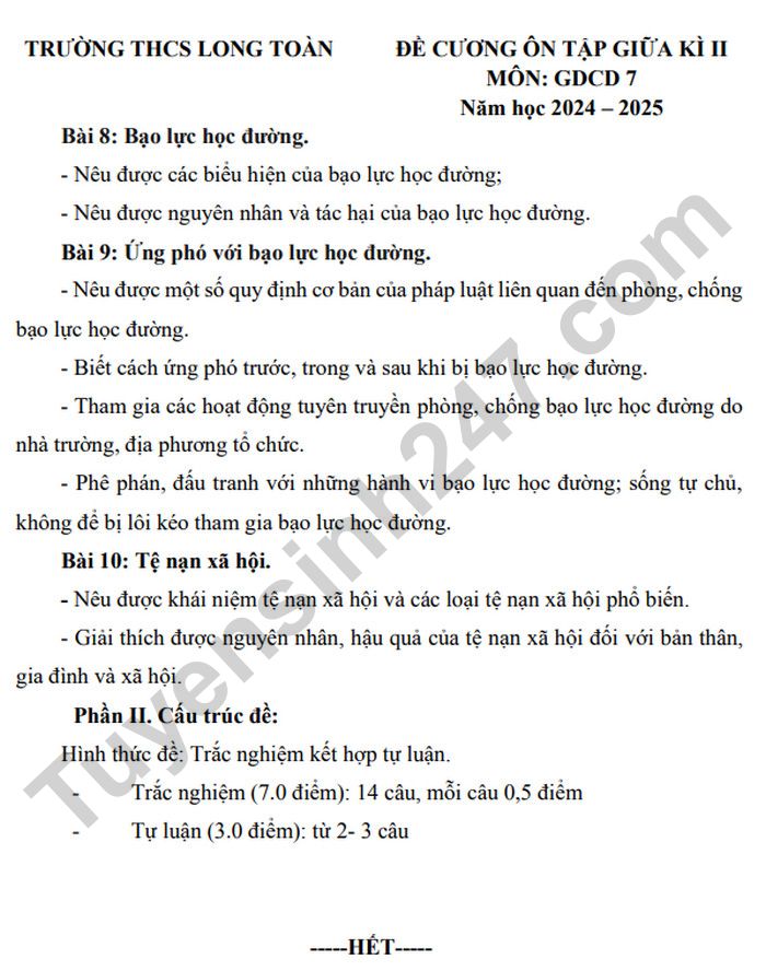 Huong dan on tap giua ki 2 mon GDCD lop 7 2025 - THCS Long Toan
