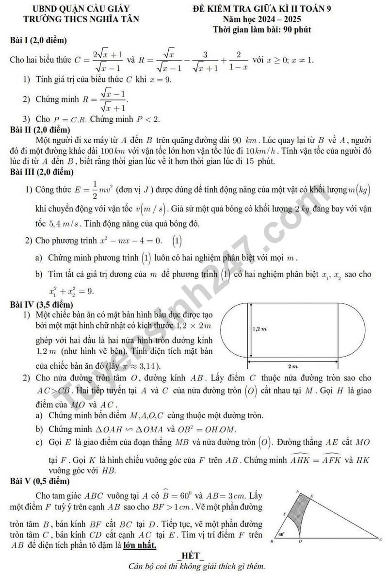 De thi giua ki 2 lop 9 mon Toan - THCS Nghia Tan 2025 (Co dap an)