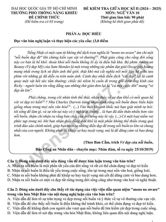 De thi giua ki 2 lop 10 mon Van 2025 - Truong Pho thong nang khieu