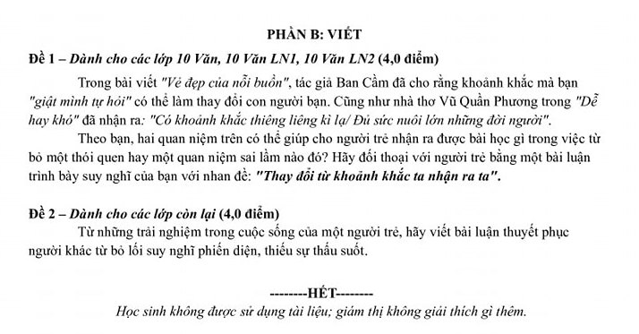 De thi giua ki 2 lop 10 mon Van 2025 - Truong Pho thong nang khieu