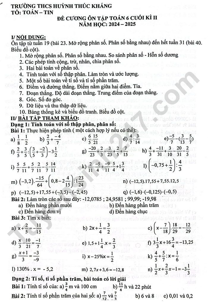 De cuong on tap ki 2 lop 6 mon Toan 2025 - THCS Huynh Thuc Khang