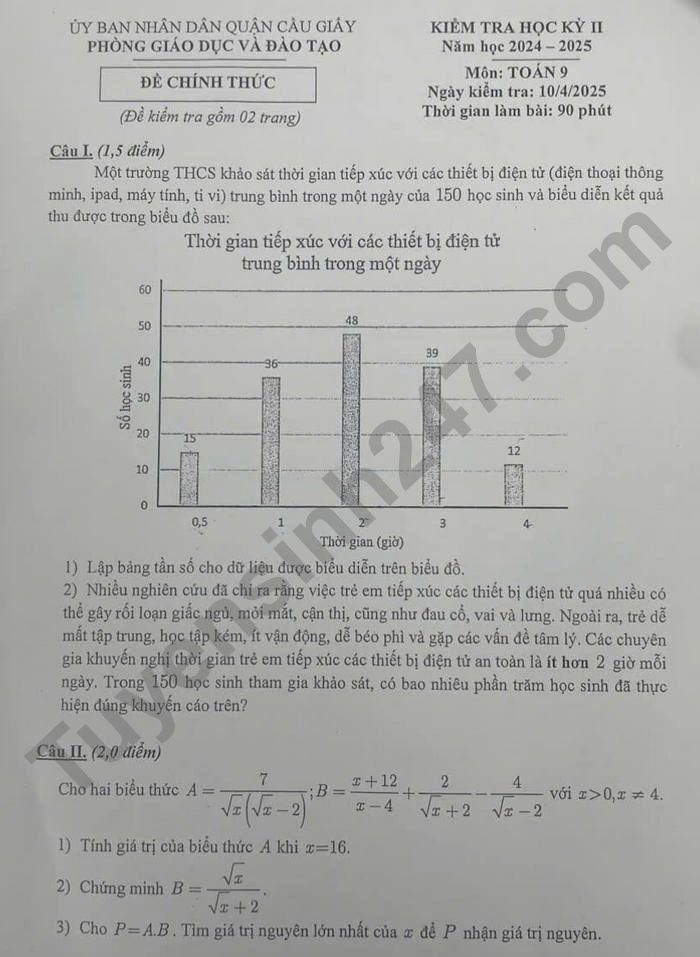 De thi hoc ki 2 lop 9 mon Toan 2025 - Quan Cau Giay