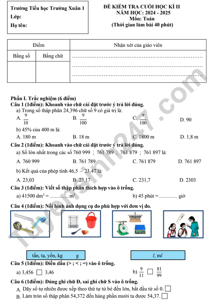 De thi hoc ki 2 lop 5 mon Toan 2025 - TH Truong Xuan 1 (co dap an)