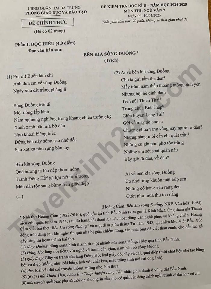 De thi hoc ki 2 lop 9 mon Van 2025 - Quan Hai Ba Trung