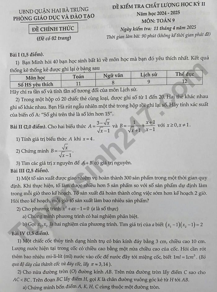 De thi hoc ki 2 mon Toan 9 nam 2025 - Quan Hai Ba Trung