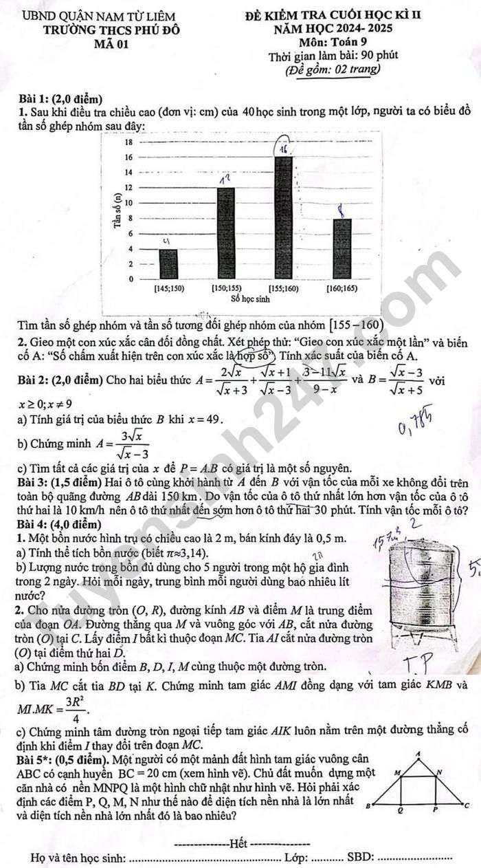 De thi cuoi ki 2 mon Toan lop 9 THCS Phu Do 2025