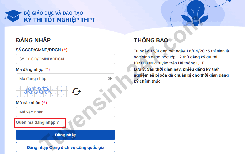 Huong dan lay lai mat khau dang nhap trang thisinh.thitotnghiepthpt.edu.vn