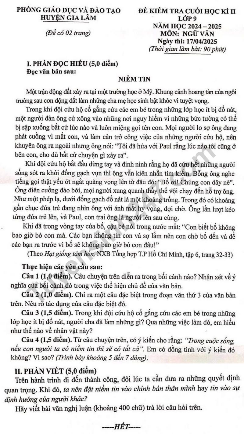 De thi ki 2 lop 9 mon Van 2025 - Gia Lam (Co dap an)