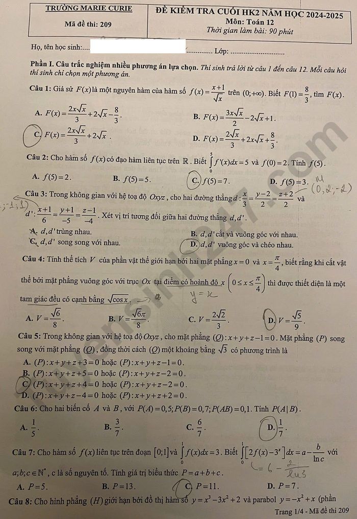 De thi hoc ki 2 mon Toan 12 Truong Marie Curie 2025
