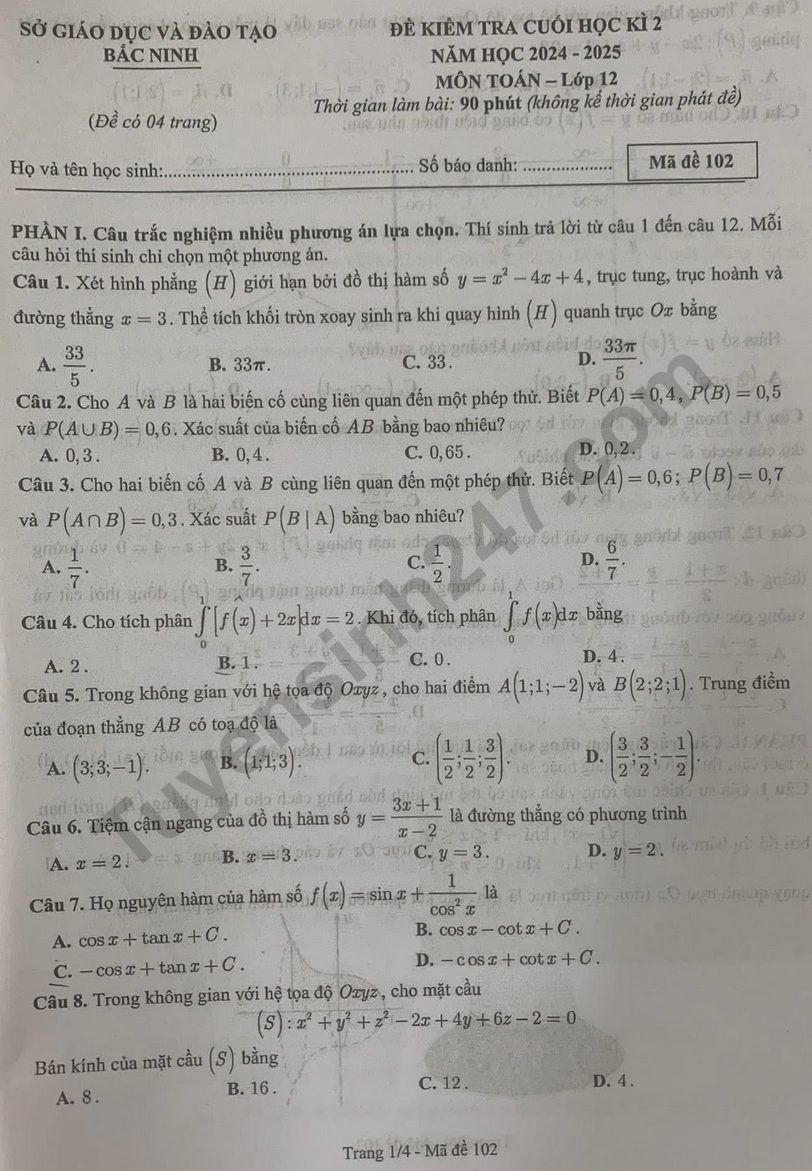 De thi cuoi ki 2 mon Toan lop 12 - So GD Bac Ninh 2025