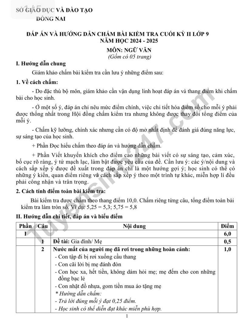 Dap an va De thi hoc ki 2 lop 9 mon Van - So GD Dong Nai 2025