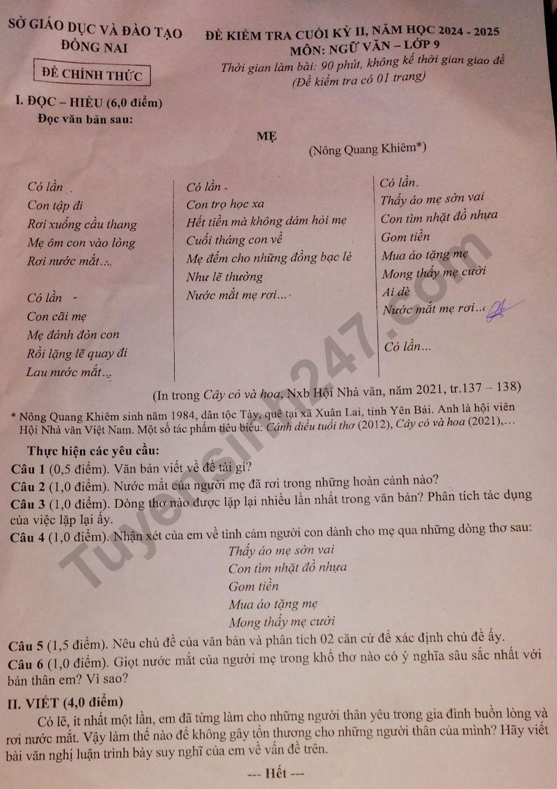 Dap an va De thi hoc ki 2 lop 9 mon Van - So GD Dong Nai 2025
