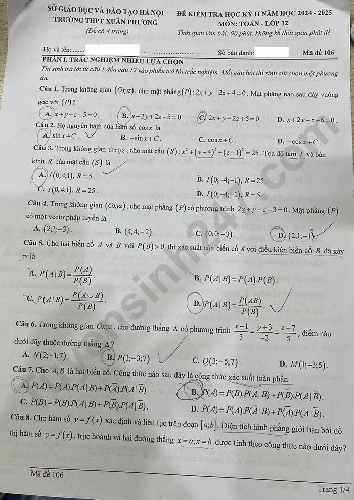 De thi hoc ki 2 lop 12 mon Toan 2025 - THPT Xuan Phuong
