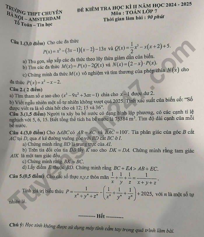 De thi hoc ki 2 lop 7 mon Toan 2025 THPT Chuyen Ha Noi - Amsterdam