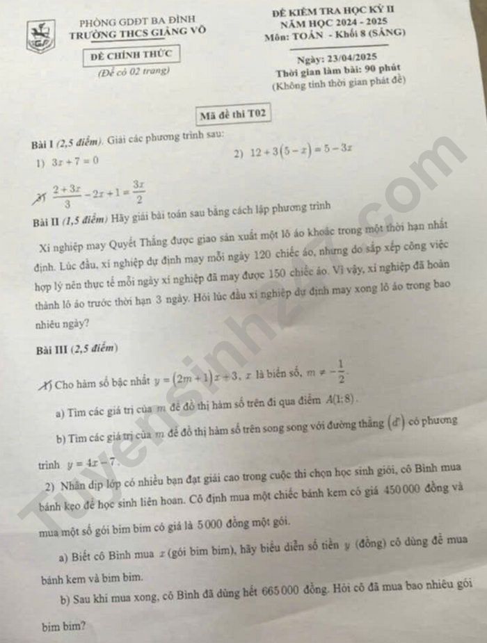 De thi hoc ki 2 lop 8 mon Toan 2025 - THCS Giang Vo