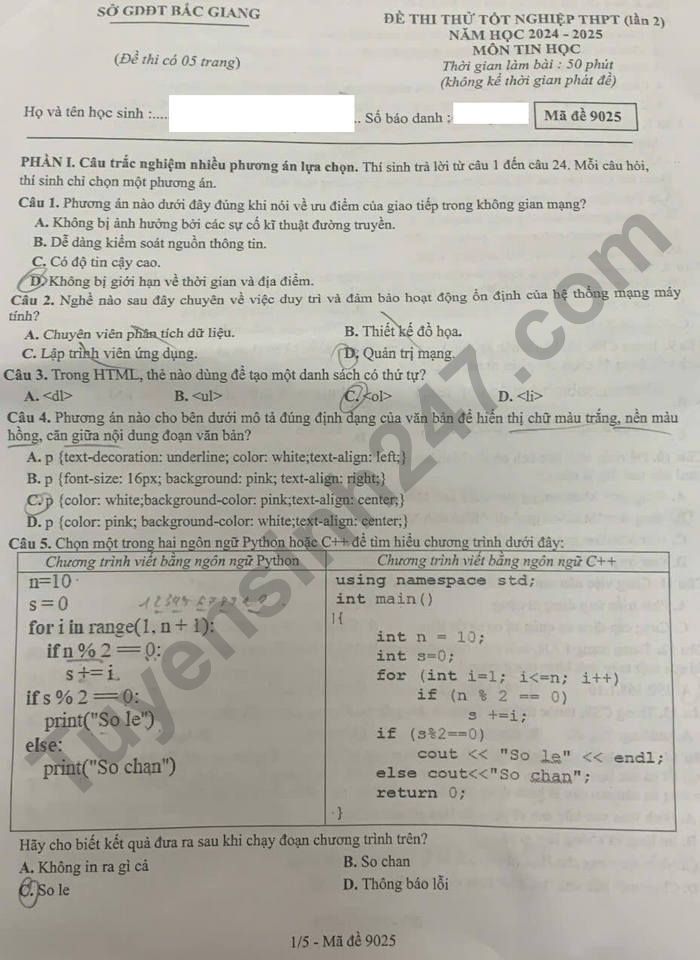 De thi thu mon Tin tot nghiep THPT 2025 - So GDDT Bac Giang (lan 2)