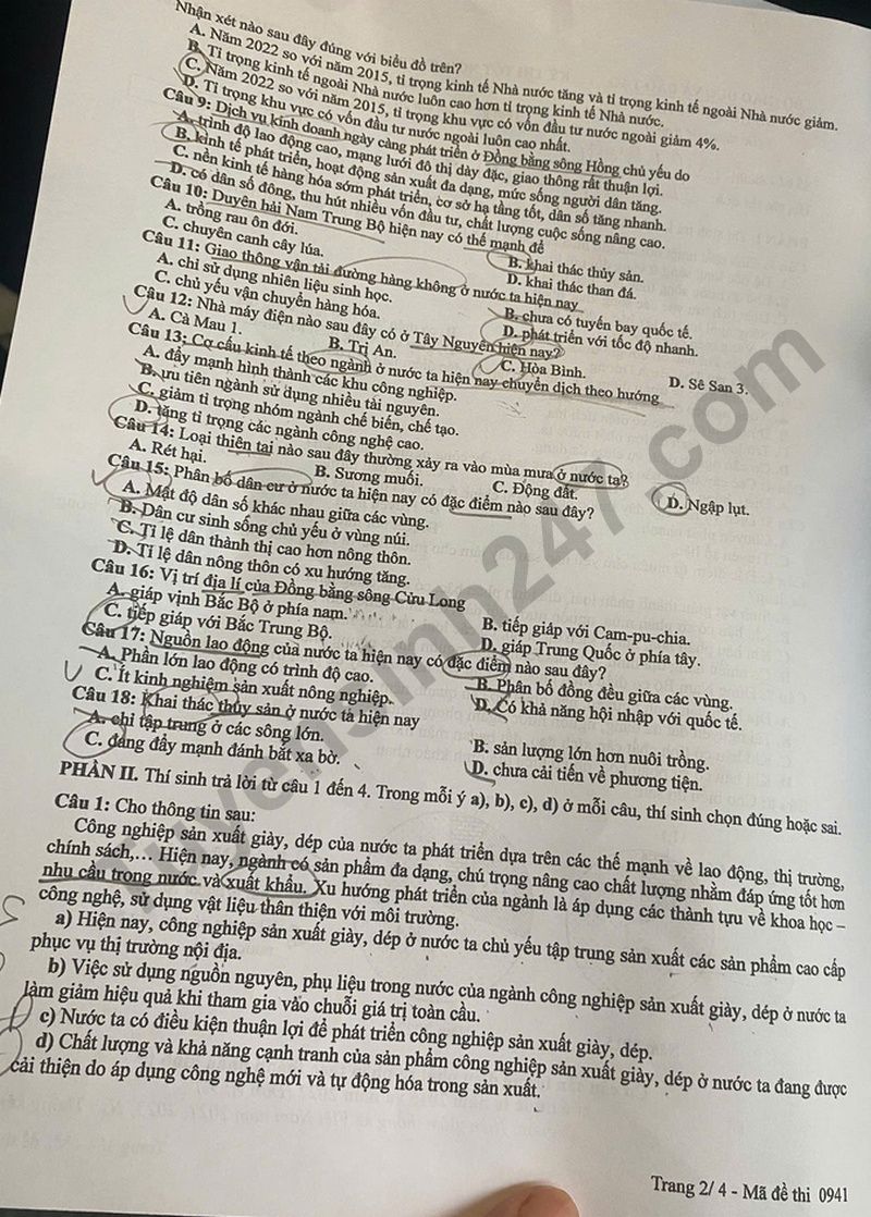 Dap an de thi tot nghiep THPT 2025 mon Dia - ma de 0941