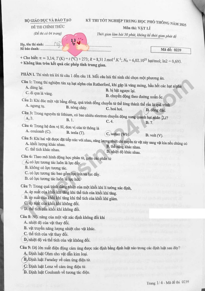 Dap an de thi tot nghiep THPT 2025 - mon Ly ma de 0239