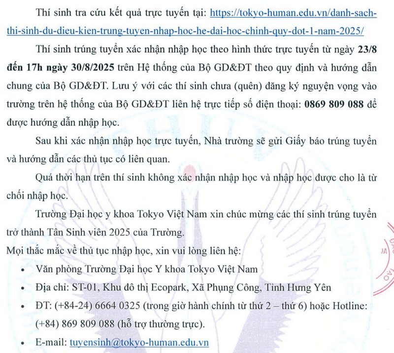 Dai hoc Y khoa Tokyo Viet Nam thong bao diem chuan trung tuyen 2025