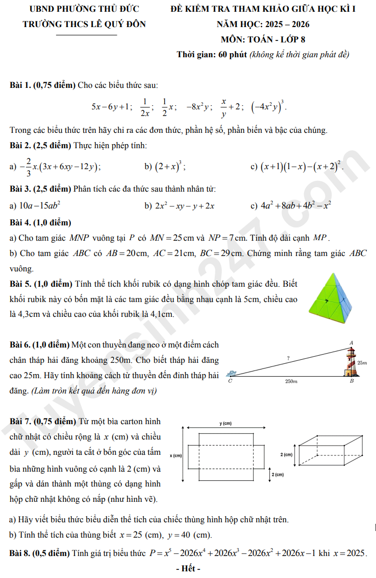 De thi giua ki 1 mon Toan lop 8 - THCS Le Quy Don 2025 (Tham khao)