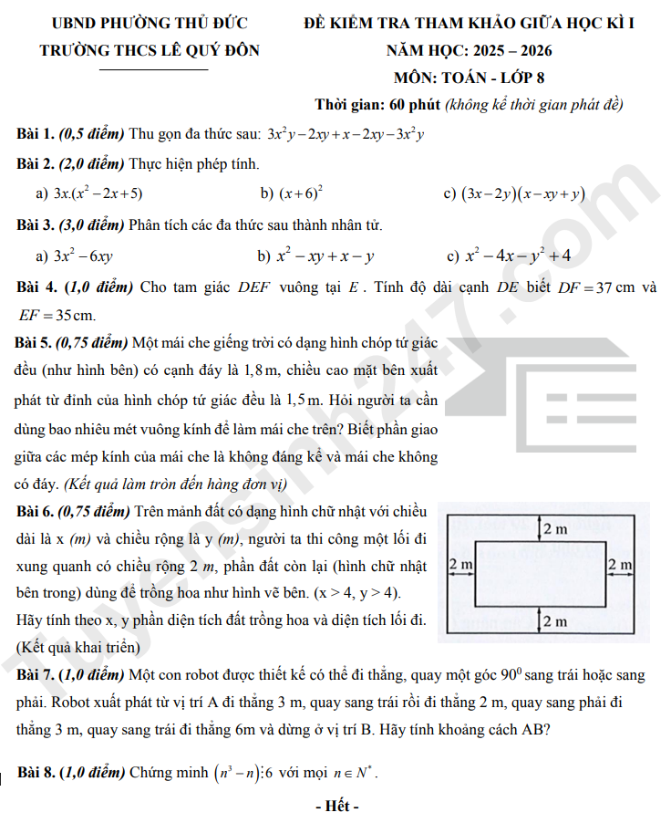 De thi giua ki 1 mon Toan lop 8 - THCS Le Quy Don 2025 (Tham khao)