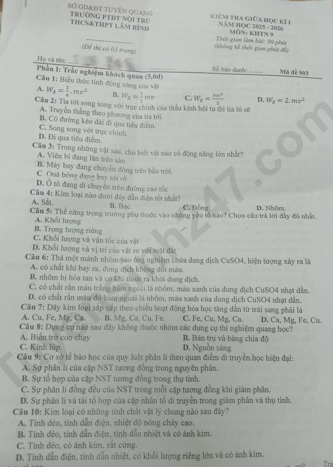 De thi giua ki 1 lop 9 mon KHTN 2025 - THCS THPT Lam Binh