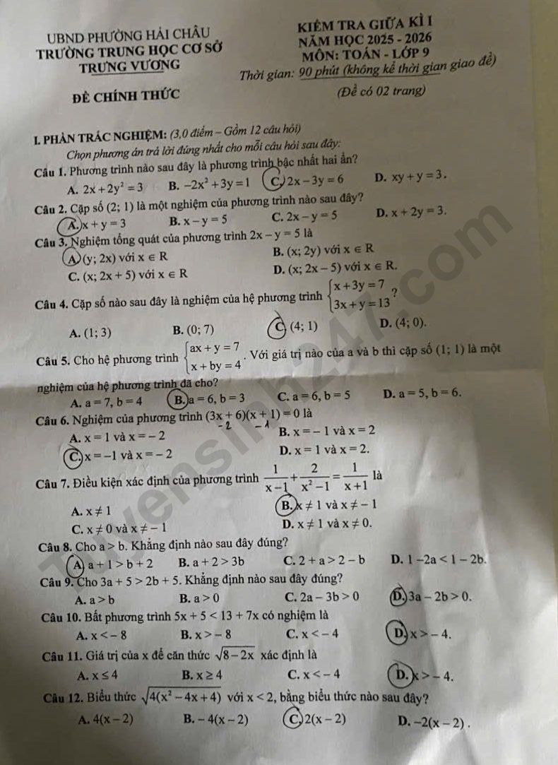 De thi giua ki 1 lop 9 mon Toan - THCS Trung Vuong 2025