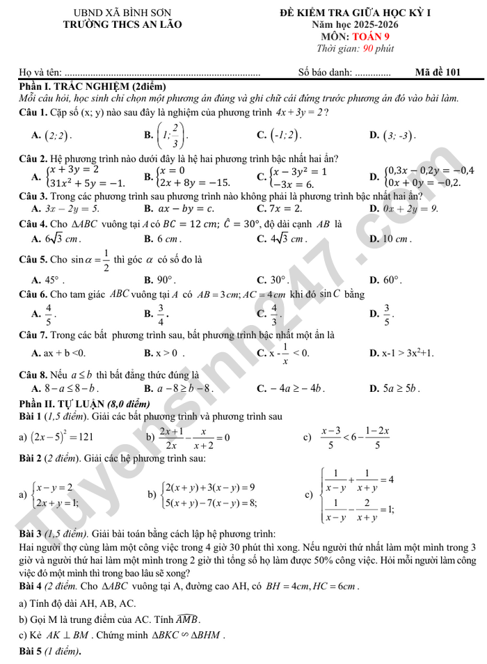 De thi giua ki 1 Toan 9 THCS An Lao 2025