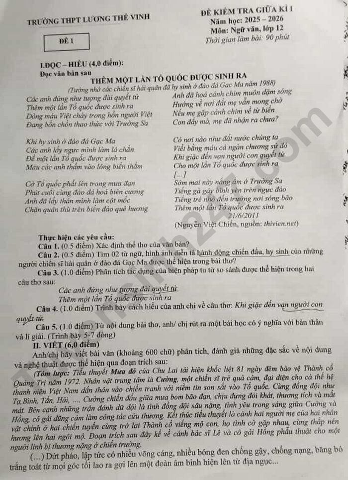 De thi giua ki 1 mon Van 12 THPT Luong The Vinh 2025