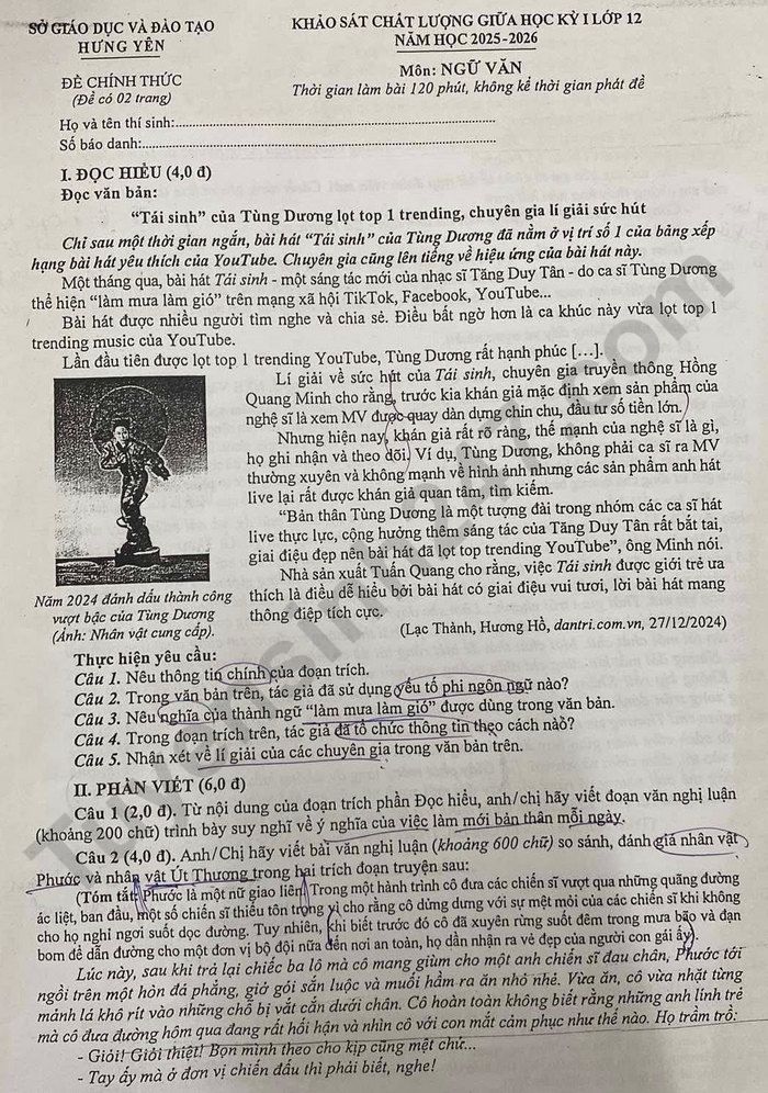 De thi giua ki 1 lop 12 mon Van 2025 - So GD Hung Yen