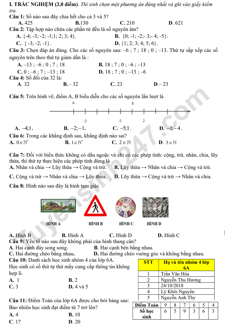 De thi hoc ki 1 lop 6 nam 2025 mon Toan - THCS Le Quang Cuong (Tham khao)