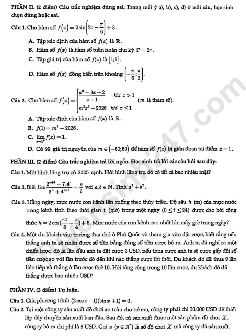 De thi hoc ki 1 mon Toan lop 11 nam 2025 - THPT Mac Dinh Chi