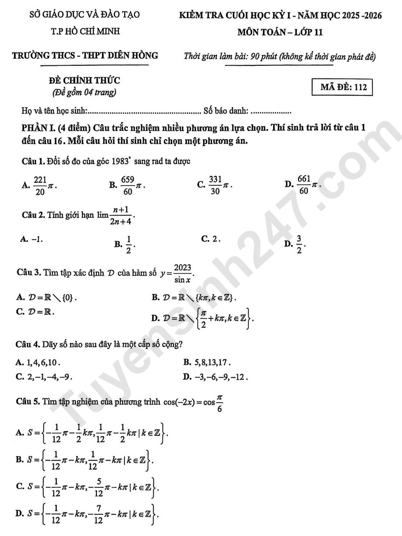 De thi hoc ki 1 mon Toan lop 11 nam 2025 - THCS-THPT Dien Hong
