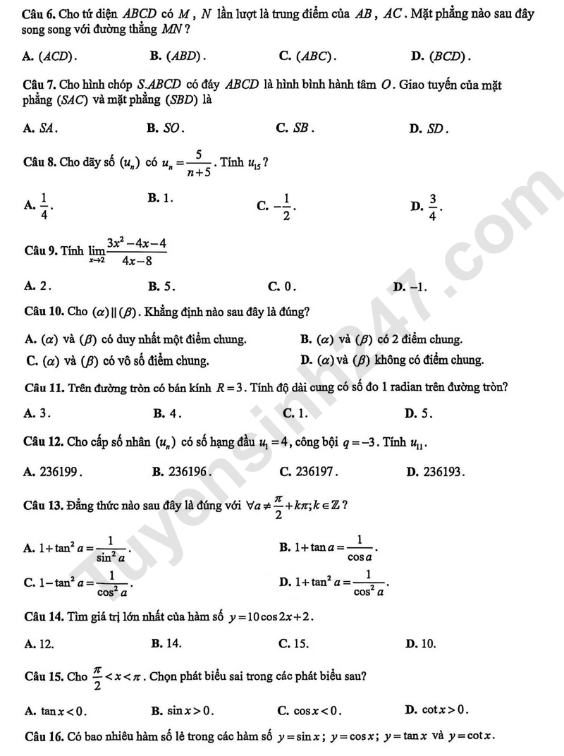 De thi hoc ki 1 mon Toan lop 11 nam 2025 - THCS-THPT Dien Hong