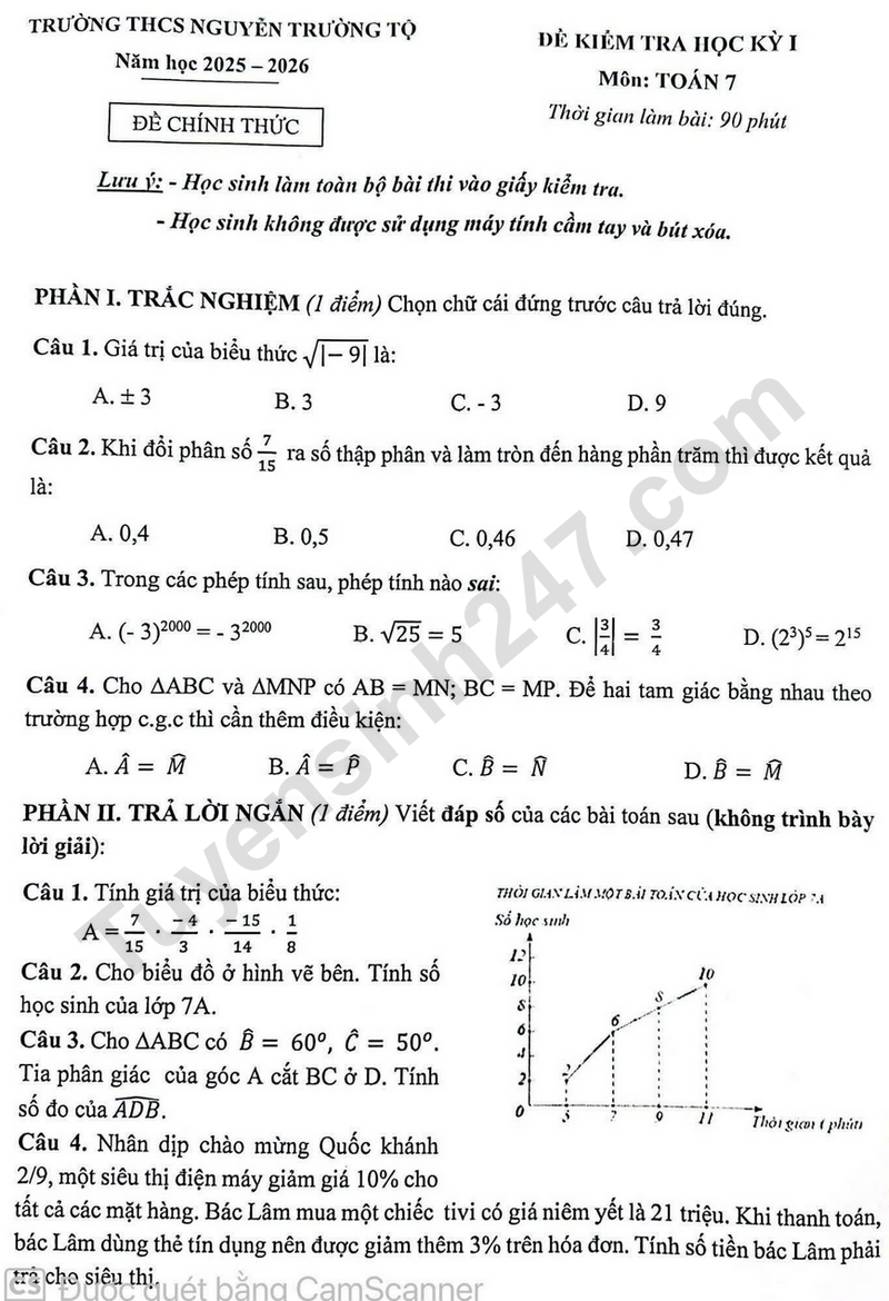 De thi ki 1 mon Toan lop 7 nam 2025 - THCS Nguyen Truong To
