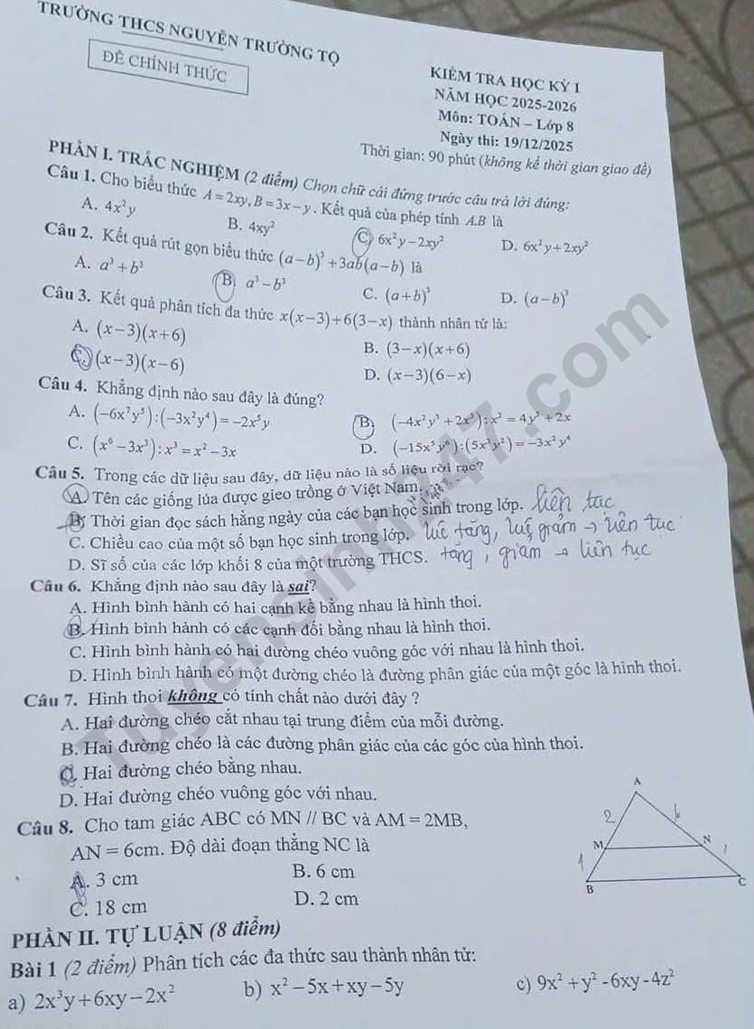 De thi ki 1 lop 8 mon Toan 2025 - THCS Nguyen Truong To