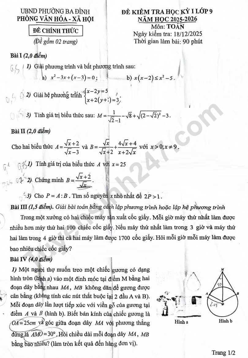 De thi ki 1 lop 9 mon Toan 2025 - Phuong Ba Dinh