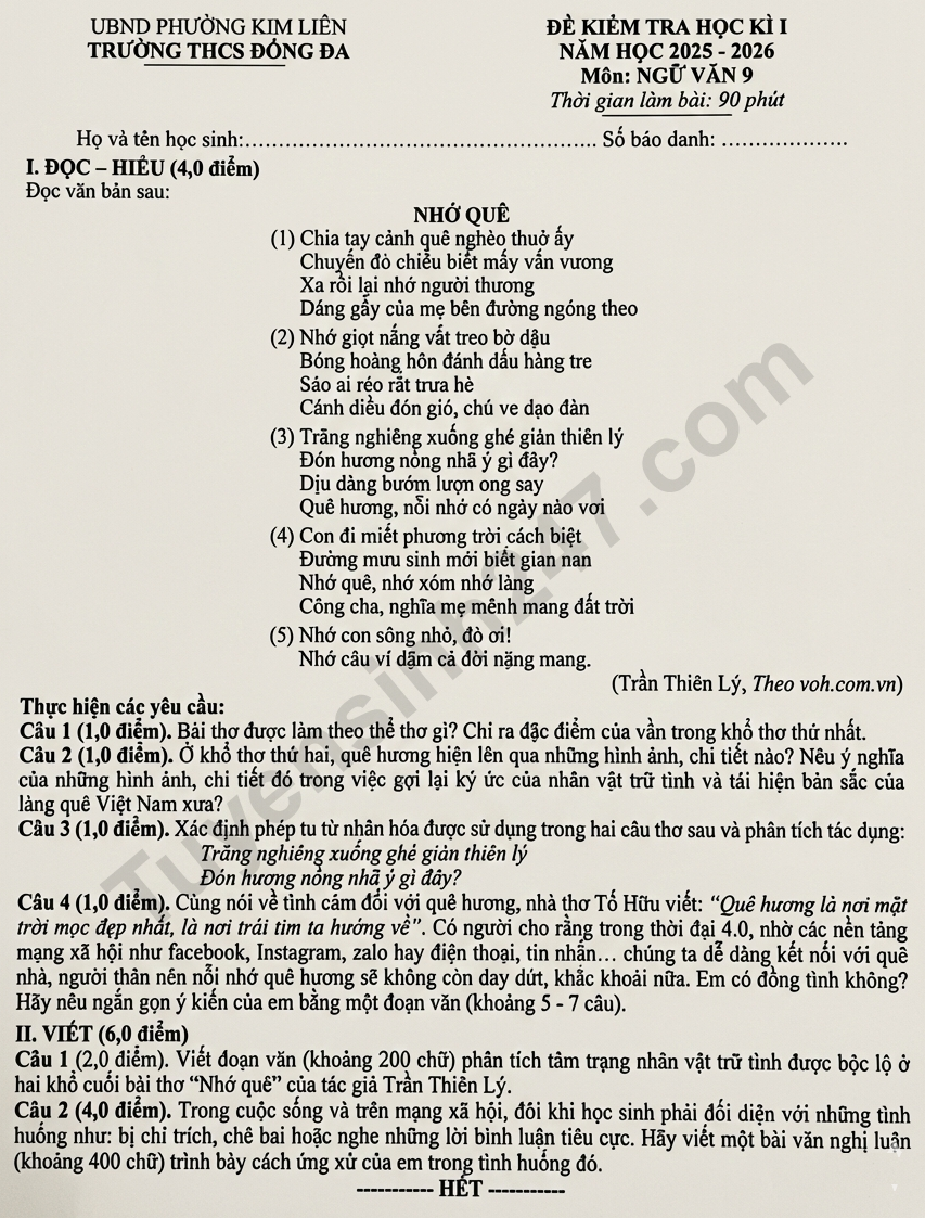 De thi ki 1 lop 9 mon Van 2025 - THCS Dong Da
