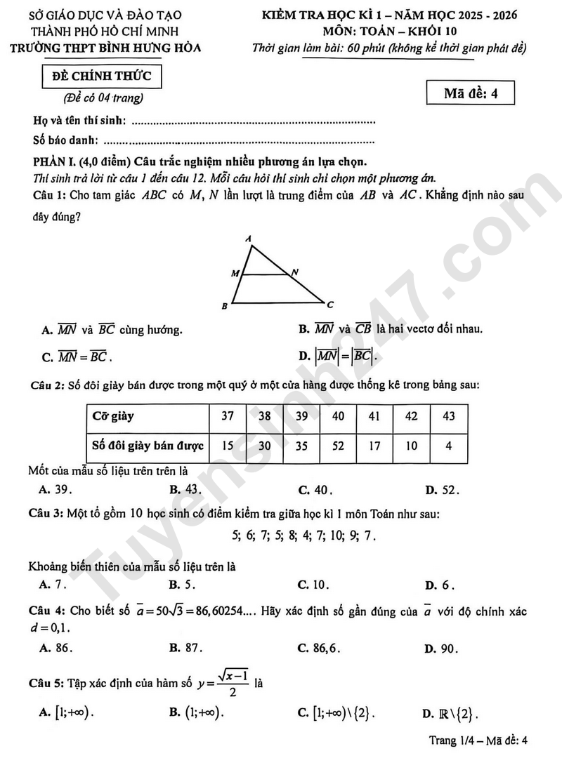 De thi HK 1 lop 10 mon Toan 2025 - THPT Binh Hung Hoa