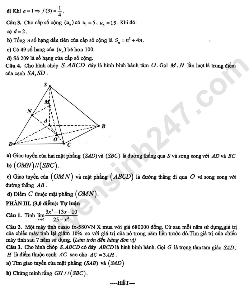 De thi HK 1 lop 11 mon Toan 2025 - THPT Duong Van Duong