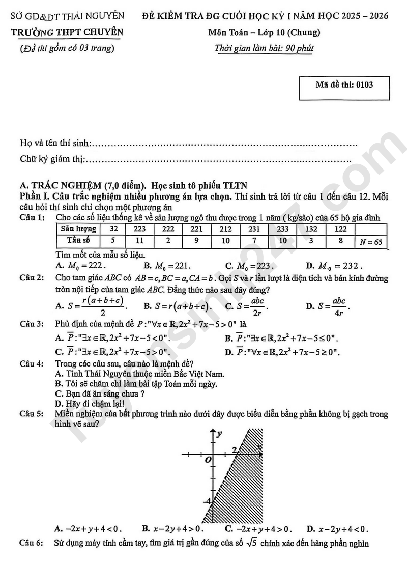 De thi HK 1 lop 10 mon Toan 2025 - THPT Chuyen Thai Nguyen