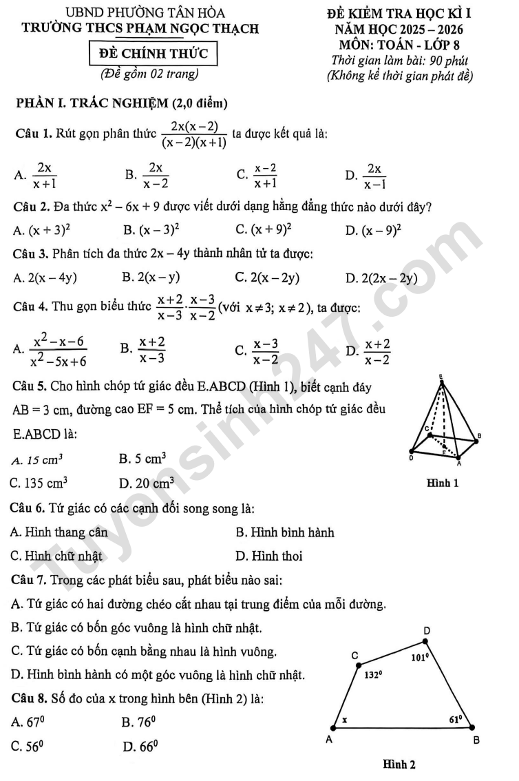 De thi ki 1 lop 8 mon Toan 2025 - THCS Pham Ngoc Thach