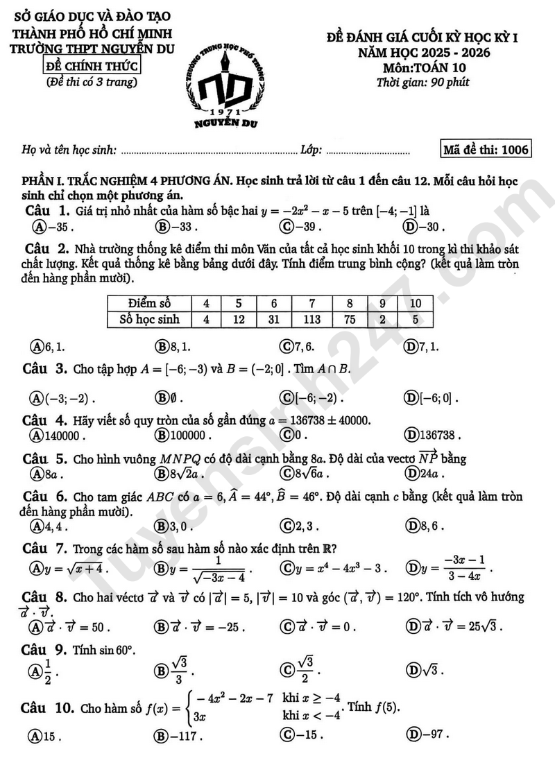 De thi HK1 mon Toan lop 10 nam 2025 - THPT Nguyen Du