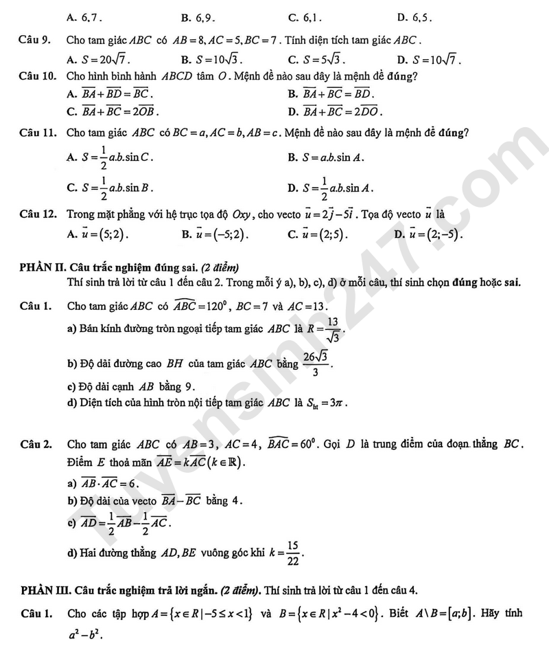 De thi hoc ki 1 mon Toan lop 10 nam 2025 - THPT Viet Duc