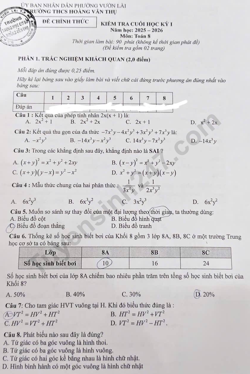 De thi ki 1 mon Toan lop 8 nam 2025 - THCS Hoang Van Thu