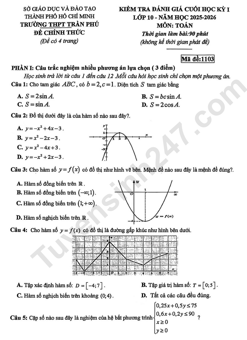 De thi hoc ki 1 mon Toan lop 10 nam 2025 - THPT Tran Phu (TPHCM)