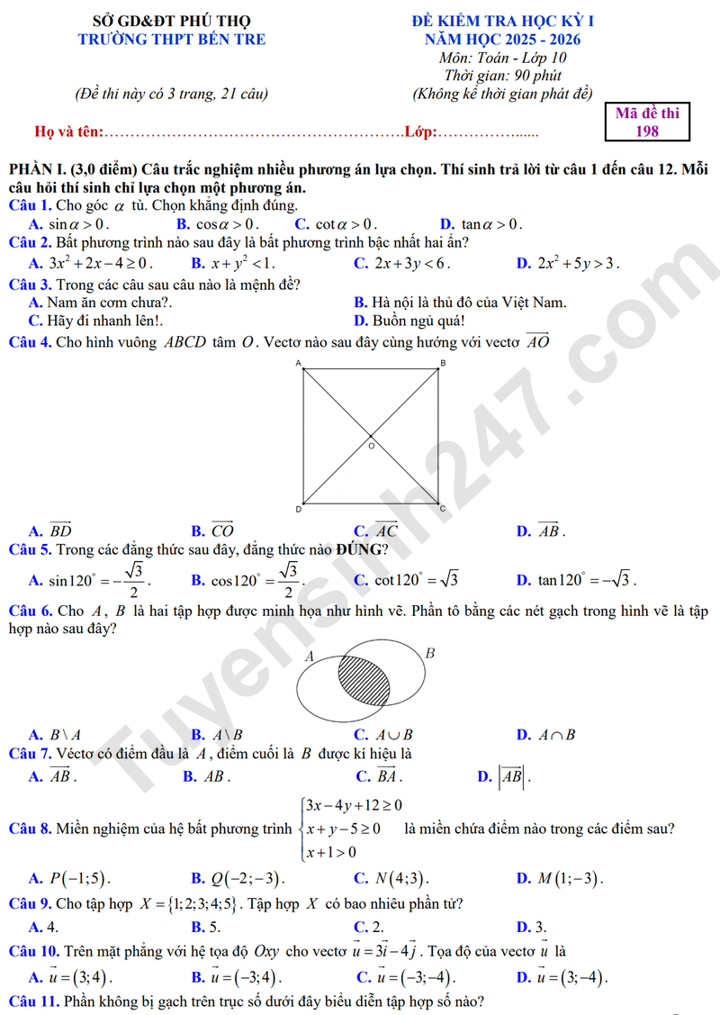 De thi HK1 mon Toan lop 10 nam 2025 - THPT Ben Tre