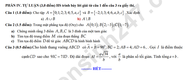 De thi HK1 mon Toan lop 10 nam 2025 - THPT Ben Tre