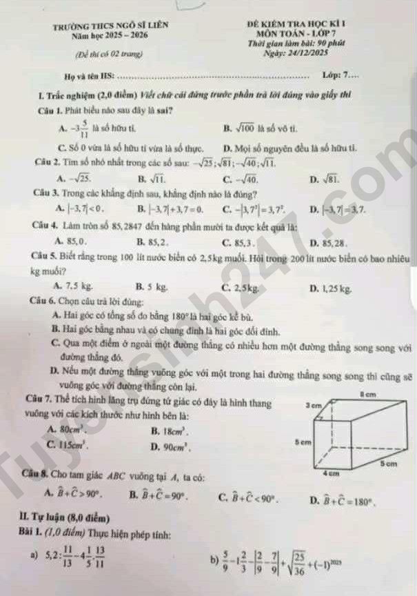 De thi ki 1 lop 7 mon Toan 2025 - THCS Ngo Si Lien