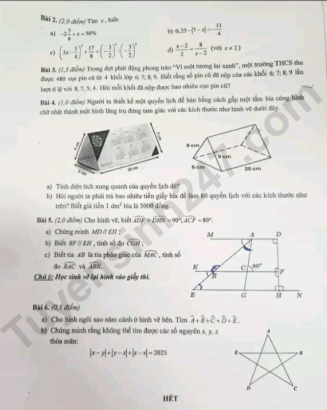 De thi ki 1 lop 7 mon Toan 2025 - THCS Ngo Si Lien